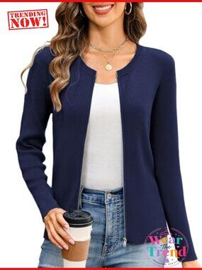 Womens 100% Viscose Zip Up Cardigan Lightweight Knit Crewneck Sweater